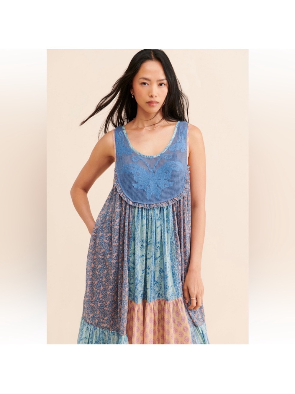 Bohemian Patchwork Maxi Dress in Blue & Peach Free people lost palms small - Picture 3 of 11